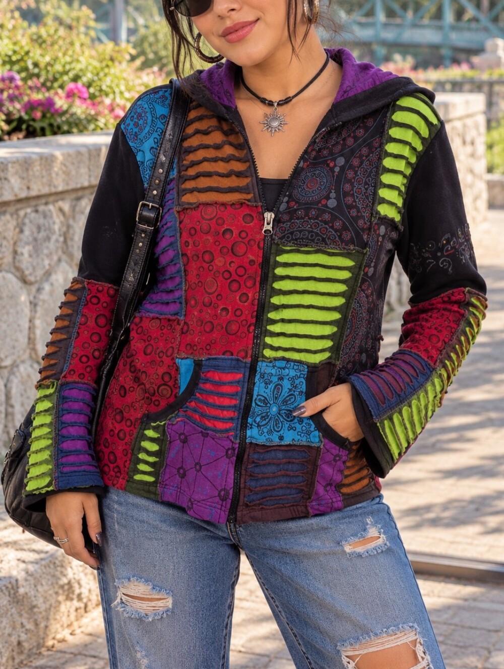 Ark Imports Y2K Patchwork Multicolor Zip Up Hoodie Boho Hippie Festival Jacket